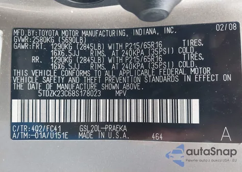 2008 Toyota Sienna Le z USA, uszkodzony, nr VIN 5TDZK23C68S178023
